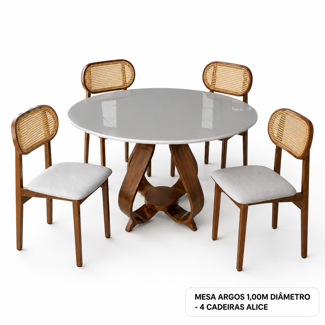 Mesa Argos redonda com quatro cadeiras Alice em madeira e palhinha