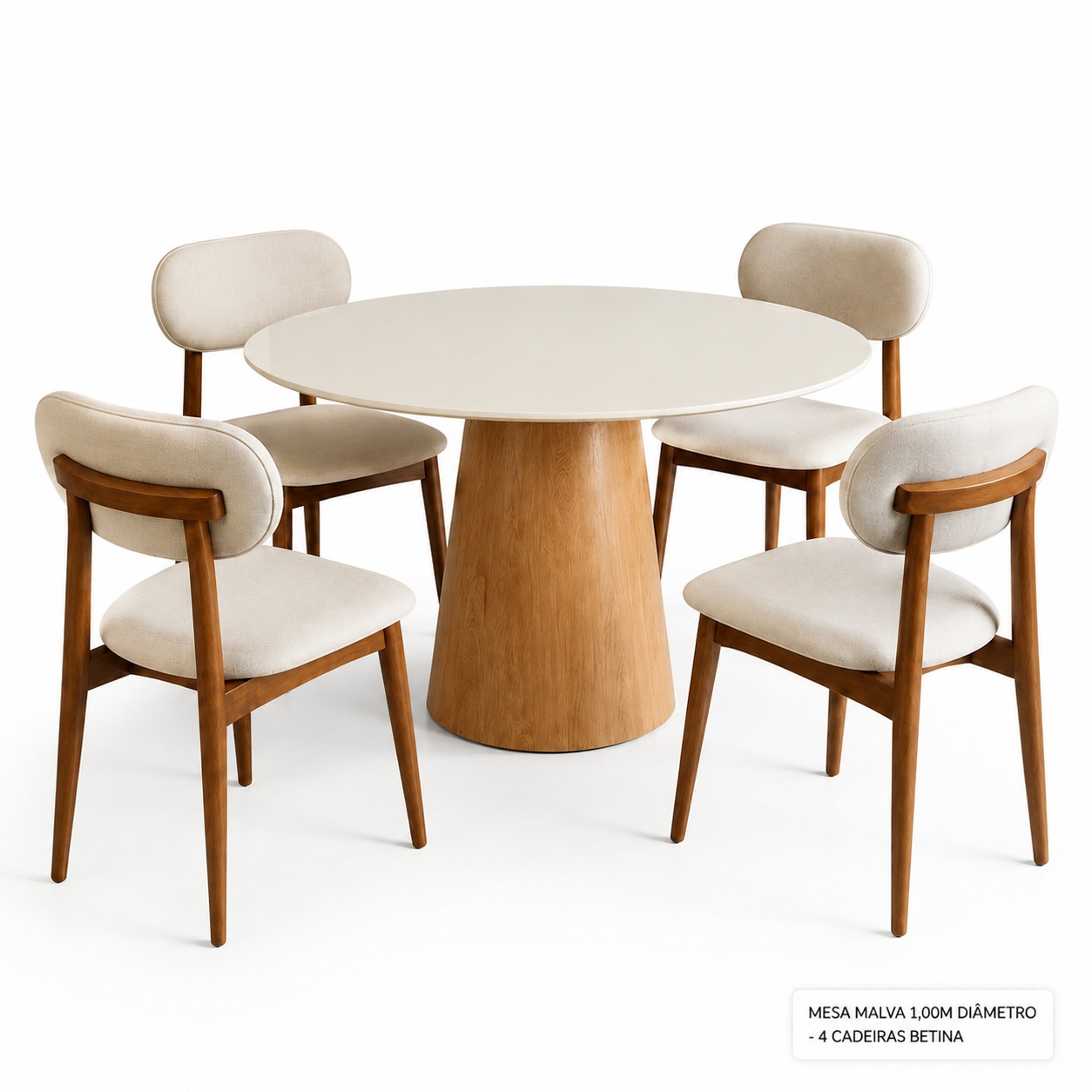 Mesa Malva redonda com quatro cadeiras Betina estofadas